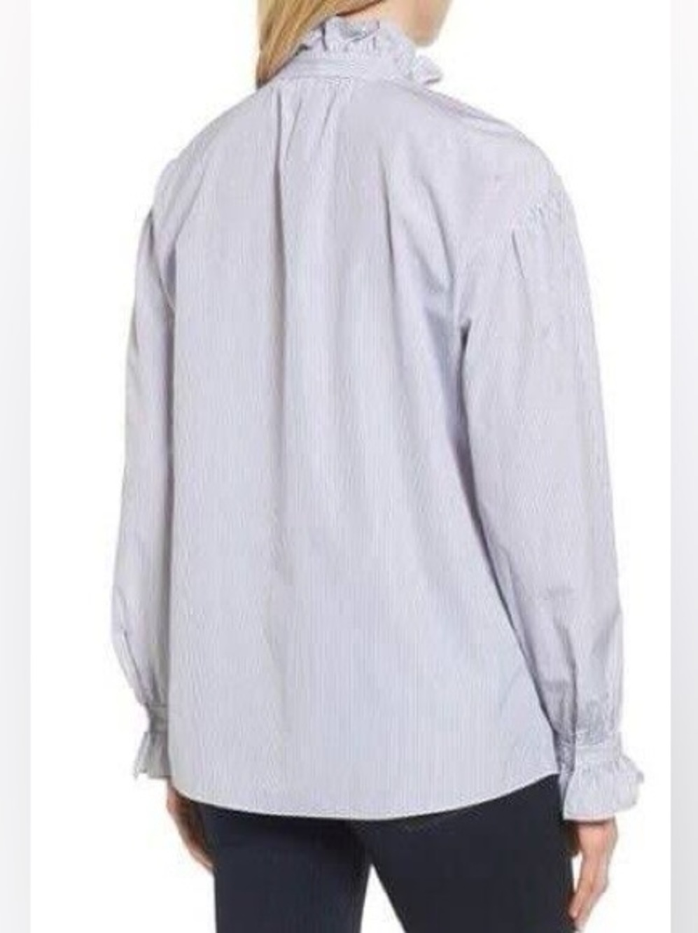 NWT Nordstrom Signature Blue Striped Ruffle Button-Down Blouse Long Sleeve Small - Picture 4 of 14